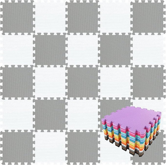 qqpp EVA Rubber 18 Tiles Interlocking Puzzle Foam Floor Mats - Baby Play Mat for Playing | Exercise Mat for Home Workout. White, Gray. QC-ALb18N