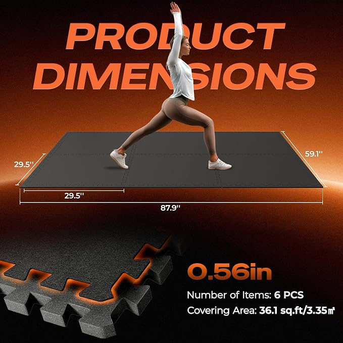 SUPERJARE 30" x 30" Larger Rubber Top Exercise Equipment Mats, 0.56" Thick 6PCS 37.5 Sq Ft High-Density EVA Foam Interlocking Gym Flooring, Big Workout Mat for Home Gym, Floor Protection, Black