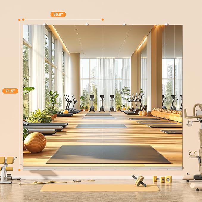 Hasipu Home Gym Mirror, 72"x36" Each, 1-Pack Frameless Wall Mounted Mirrors with Glass Clamps & 1 Aluminum Rail, Large Body Mirror for Home Gym, Yoga Studio, Bedroom, Silver Tempered Glass