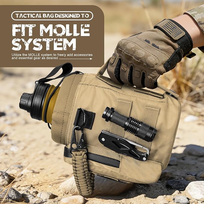 NATURE PIONEOR 64 oz Tactical Water Bottle with MOLLE Bottle Pouch & 3 Lids | 18/8 Food-grade Stainless Steel, Double Vacuum Insulation, 3 Leak-proof Lids, Handle, Strap, Camping, Hiking, Gym, Work