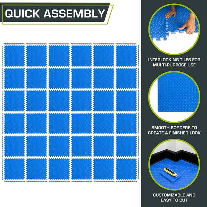 ProsourceFit Exercise Puzzle Mat ½-inch, EVA Interlocking Foam Floor Tiles for Home Gym, Workout Equipment, Kids Play Areas, Blue, 144 SQ FT - 36 Tiles