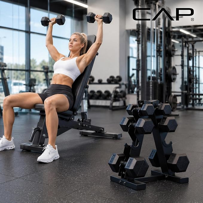CAP Rubber Coated Hex Dumbbell Set with Storage Rack | 100–210 lb Options, Space-Saving Vertical Compact Storage for Home Gym Strength Training
