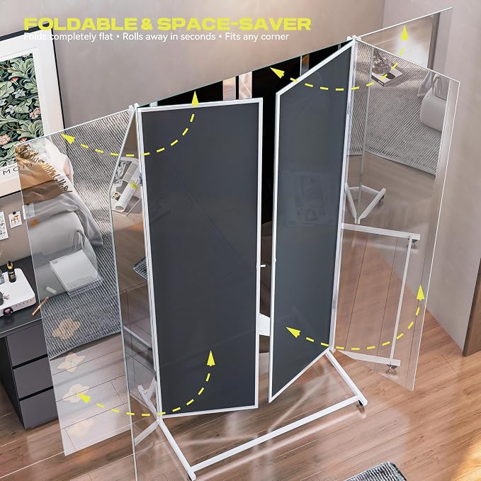 Hasipu 79"×79" Large Tri-Fold Full Length Rolling Mirror | Tempered Glass Movable Home Gym Mirror on Wheels with Stand for Gym, Dance Studio, Fitness Room, and Home