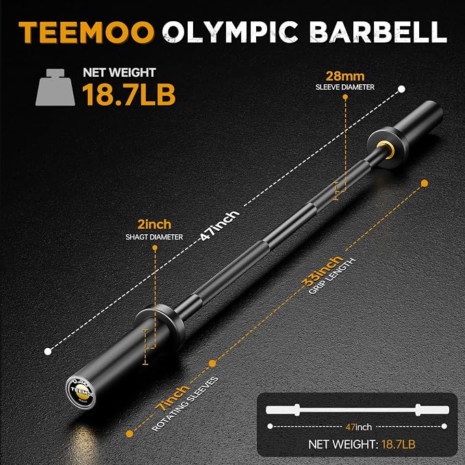 TEEMOO Olympic Barbell Bar, 57"/47" (4.75ft/4ft) Barbell Bar with 2 Spring Collars, Strength Training bars, 500lb/700lb Weight Capacity, E-Coat Finish for 2 inch Weight Plates (Black)