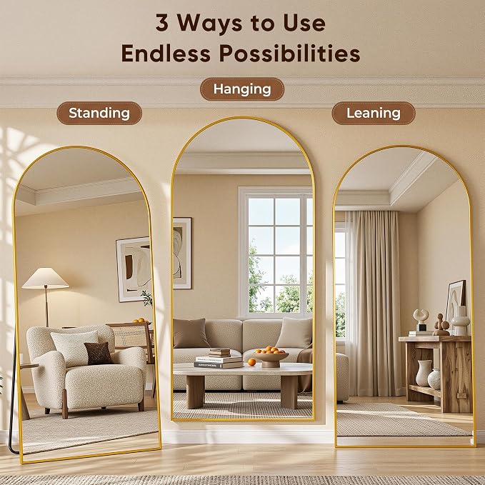 Full Length Mirror, 86"x46" Arched Floor Mirror Freestanding, Floor Standing Full Body Mirror with Stand for Bedroom, Hanging Mounted for Living Room Cloakroom, Gold