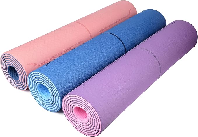 YOGATI® Yoga Mat with Strap with Alignment Lines. Home Workout Mat for Women, Men and Kids. Thick Non Slip Yoga Mat for Pilates and Fitness. Brown, Pink and Purple Yoga Mats