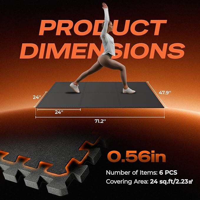 SUPERJARE 0.56'' Thick 6 Pcs 24 Sq Ft Rubber Top Exercise Equipment Mats, High Density EVA Foam Mats with Rubber Top, Interlocking Gym Flooring for Home Gym, Protective Workout Mat, Black