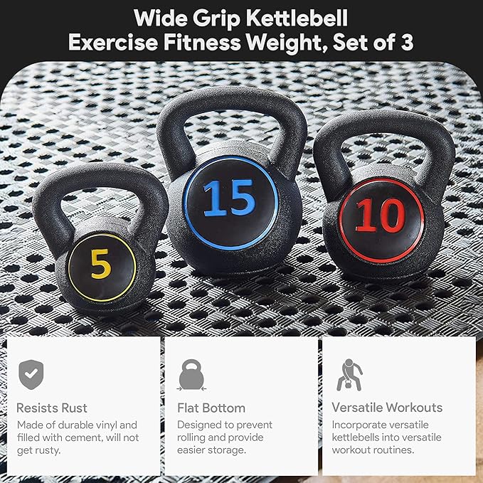 BalanceFrom Vinyl Kettlebell Set, 30/45/50/75 Pound Options – Cement-Filled Strength Training Weights with Ergonomic Grip and Color Coding for Full Body Fitness at Home or Gym