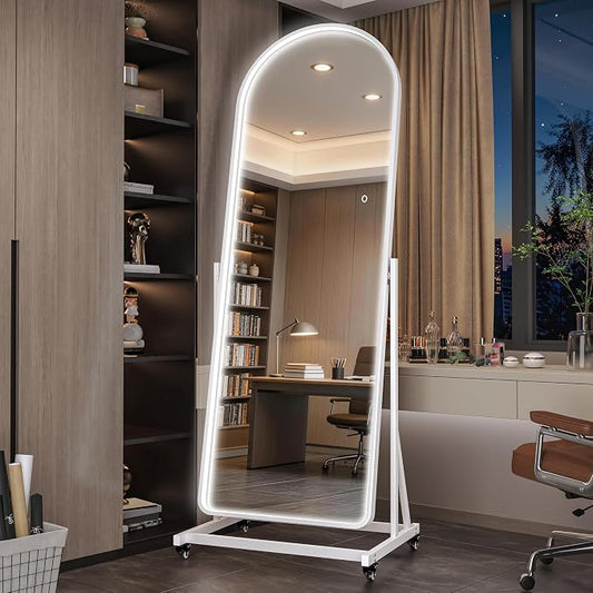 71"x24" Arched LED Full Length Rolling Mirror on Wheels, Tilting Swivel Floor Mirror with Lights, 3 Color Temperatures & Adjustable Brightness for Bedroom, Dressing Room, Home Gym, Home Decor
