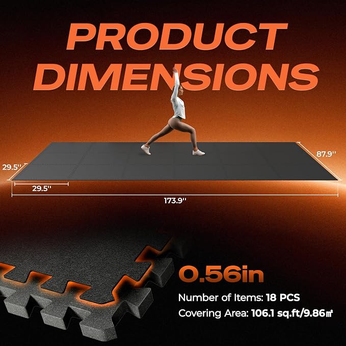 SUPERJARE 30" x 30" Larger Rubber Top Exercise Equipment Mats, 0.56" Thick 18PCS 112.5 Sq Ft High-Density EVA Foam Interlocking Gym Flooring, Big Workout Mat for Home Gym, Floor Protection, Black