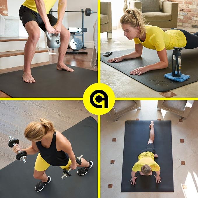 ActiveGear Large Exercise Mat, 6'x4' Non-Slip Rubber Home Gym - Black | 7mm non-slip rubber cushions joints on carpet, tile or concrete. Shoe-friendly. Non-toxic, durable materials.