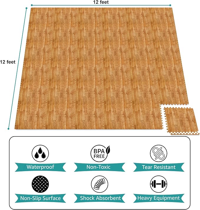 Sorbus Wood Grain Floor Tiles Foam Mat EVA Interlocking Mats Tile 3/8-Inch Thick Flooring Wood Puzzle Exercise Mats w/Borders - Home Playroom Basement, Apartment, Trade Show, Baby, Dance
