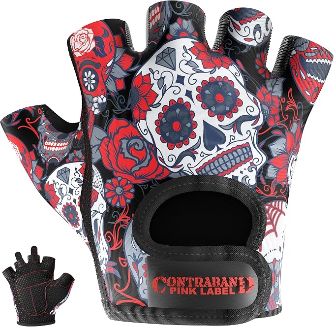Contraband Pink Label 5237 Womens Designer Workout Gloves | Sugar Skull Print w/Grip-Lock™ Padding (Red, Medium)