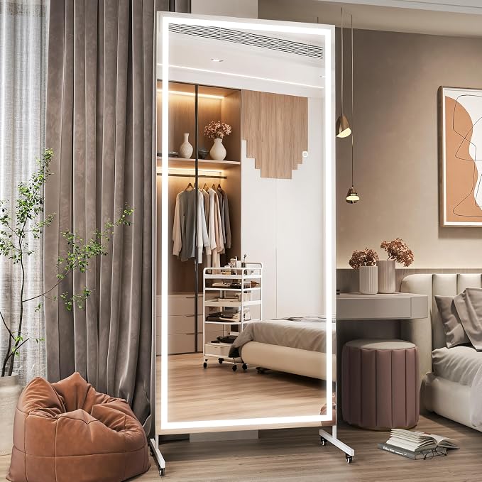 Hasipu 65"x22" LED Full Length Mirror on Wheels, 360° Swivel, White | Tempered glass & metal frame, smooth rolling casters with brakes, ideal for home gym, yoga, dance studio & bedroom.