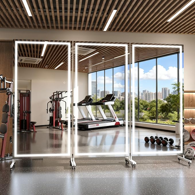 Hasipu 75" x 32" LED Full Length Mirror on Wheels, 360° Swivel, White | 3-color dimmable brightness, tempered glass & metal frame, lockable wheels, sturdy stand, for gym, yoga, studio & bedroom.