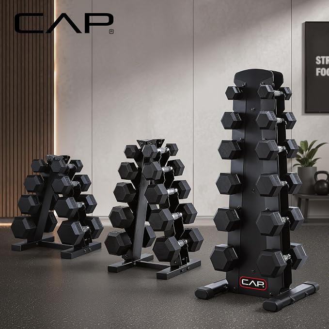 CAP Rubber Coated Hex Dumbbell Set with Storage Rack | 100–210 lb Options, Space-Saving Vertical Compact Storage for Home Gym Strength Training