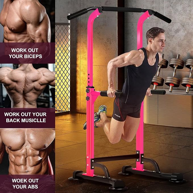 DlandHome Power Tower Pull Up Bar Dip Station,Adjustable Height Dip Stand | Multi-Function Fitness Equipment for Strength Training Home Gym,Stable Steel Frame for Pull Ups Dips Push Ups,Supports 330LBS