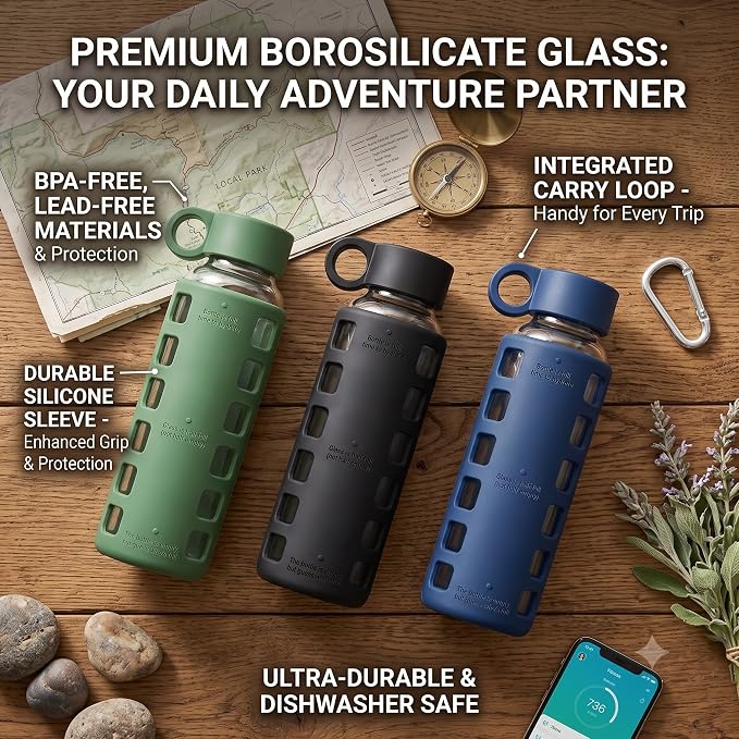 purifyou 40oz / 32oz / 22oz / 12oz Borosilicate Glass Water Bottle with Time & Volume Markers, Silicone Sleeve, Stainless Steel Lid | Reusable Glass Bottle for Water & Juice (12oz Pearled Ivory)