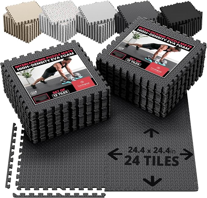 bemaxx Gym Mats Set - 24 pcs EVA Interlocking Foam Floor Tiles (24.4"x24.4"x0.4") 96 sqft Protective Gym Flooring Sports Home Workout Exercise Mats Puzzle Garage Fitness Play-Room Pool Treadmill Bike