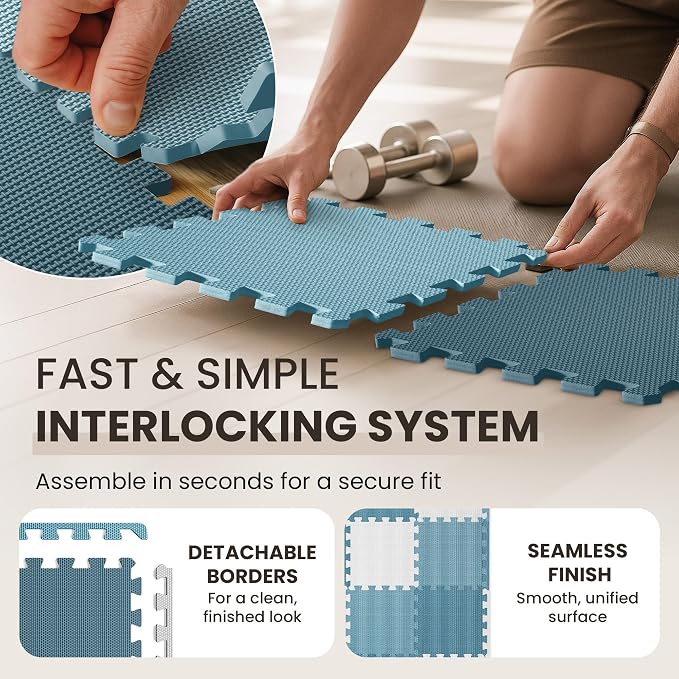 bemaxx Gym Mats Set - 18 pcs EVA Interlocking Foam Floor Tiles (12.6"x12.6"x0.4") 18sqft Protective Gym Flooring Sports Home Workout Exercise Mats Puzzle Garage Fitness Play-Room Pool Treadmill Bike