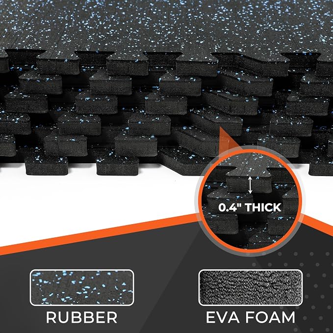 SUPERJARE 0.4'' Thick 48 Pcs 192 Sq Ft Rubber Top Exercise Equipment Mats, High Density EVA Foam Mats with Rubber Top, Interlocking Gym Flooring for Home Gym, Protective Workout Mat, Black/Blue