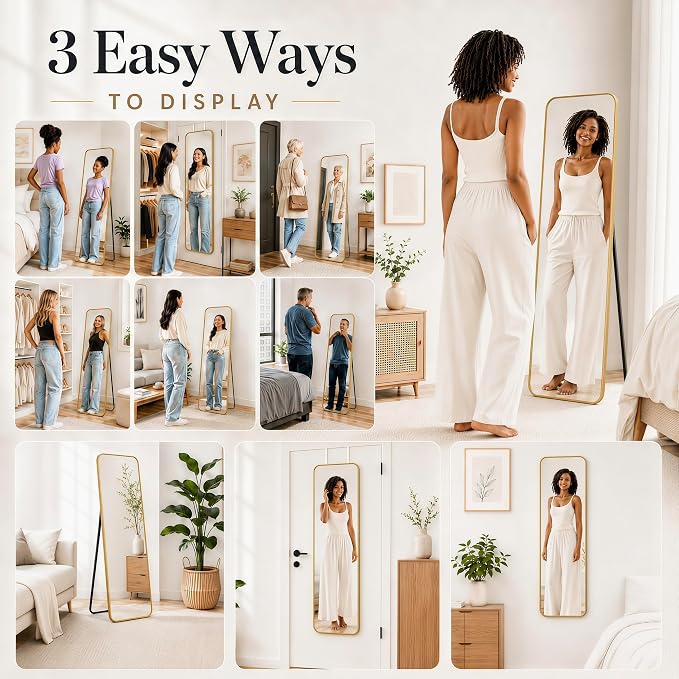 SCWF-GZ 57x20 Full Length Mirror Over The Door Hanging, Floor Stand/Wall Mounted Aluminum Alloy Frame Dressing Mirror for Bedroom Living Room 57 inch Gold