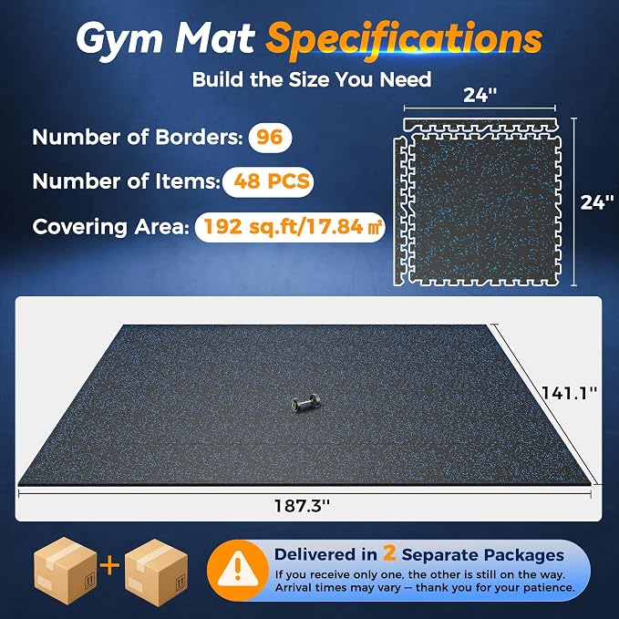 SUPERJARE 1" Extra-Thick Rubber Top Exercise Mat, Puzzle Gym Flooring for Home Gym, Gym Mat for Workout Equipment, Interlocking Floor Tiles with EVA Foam, 48 Pcs 192 Sq Ft, Black/Blue