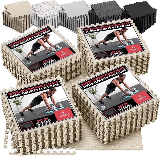 bemaxx Gym Mats Set - 48 pcs EVA Interlocking Foam Floor Tiles (24.4"x24.4"x0.4") 192 sqft Protective Gym Flooring Sports Home Workout Exercise Mats Puzzle Garage Fitness Play-Room Pool Treadmill Bike