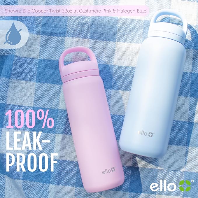 Ello Cooper Twist 40oz Insulated Stainless Steel Chug Water Bottle, Lilac | Leakproof water bottle with chug lid and carry loop. BPA-free, keeps drinks cold 40 hours, great for gym, travel, and school.