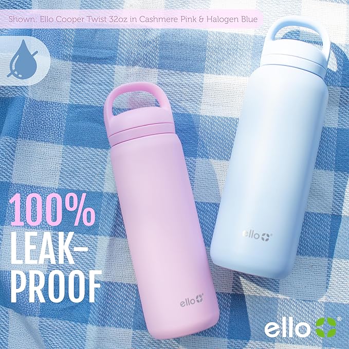Ello Cooper Twist 40oz Stainless Steel Water Bottle with Chug Lid | Leak Proof | Double Walled and Vacuum Insulated | Built in Carry Loop | Dishwasher Safe | Bubblegum Pink