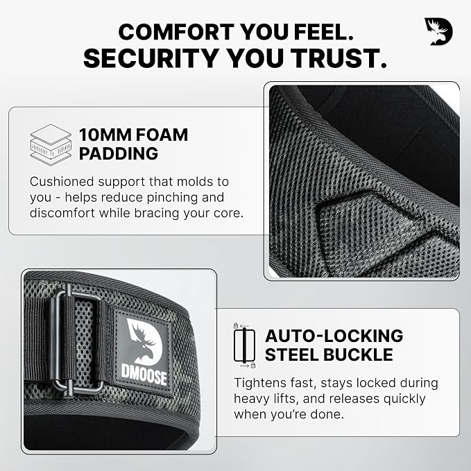 DMoose Fitness Weight Lifting Belt for Squats, Deadlift & Intense Workout - 6" Adjustable Fit Auto Lock Weightlifting Belt for Men & Women - Neoprene Gym Belts for Stability & Lumbar Back Support