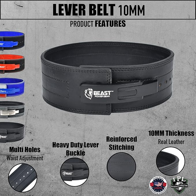 Beast Power Gear Weight Lifting Belt Lever Buckle 10MM 13MM Thick & 4 Inches Free Strap Weightlifting, Powerlifting, Deadlifts, Squats Men Women