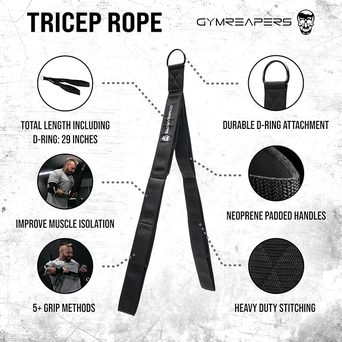 Gymreapers Tricep Rope Cable Attachment - Multi-Workout Tricep Pull Down Cable Attachment - Perfect Gym Cable attachments (3 Lengths Built in One)