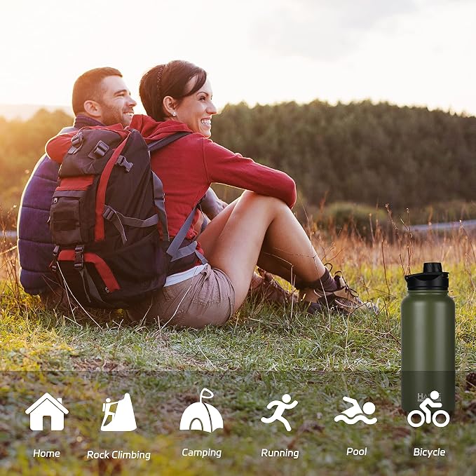 HASLE OUTFITTERS 32 oz Insulated Water Bottle Stainless Steel Double Walled Vacuum Sports Water Bottle with 2 Lids (Straw and Spout Lid) for Gym Camping Hiking(Army Green,4)