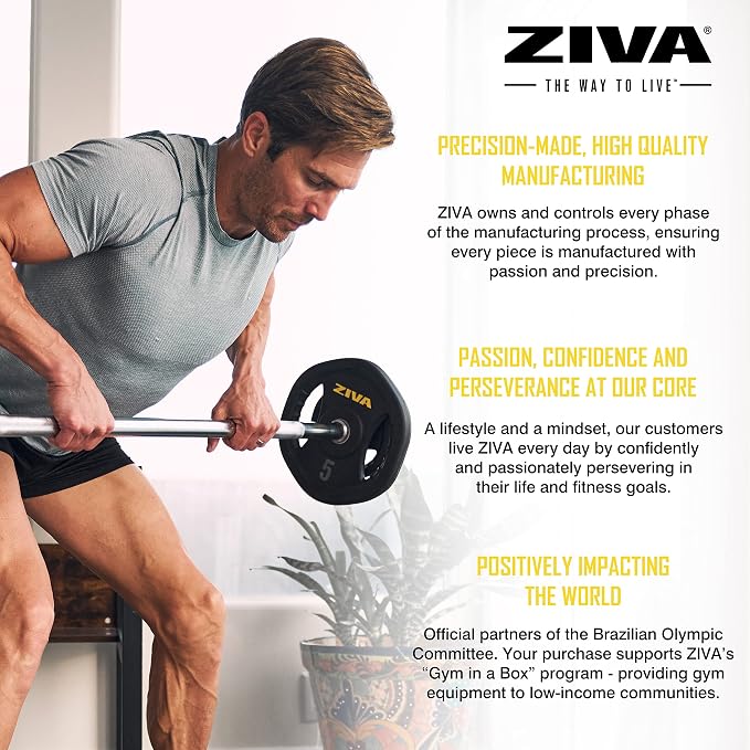 ZIVA 35lb Studio Barbell Weight Set – Adjustable Home Gym Kit with Standard Rubber Urethane Plates, 5' Chrome Bar (1.18" diam) & Collars | Extra Plates Not Included