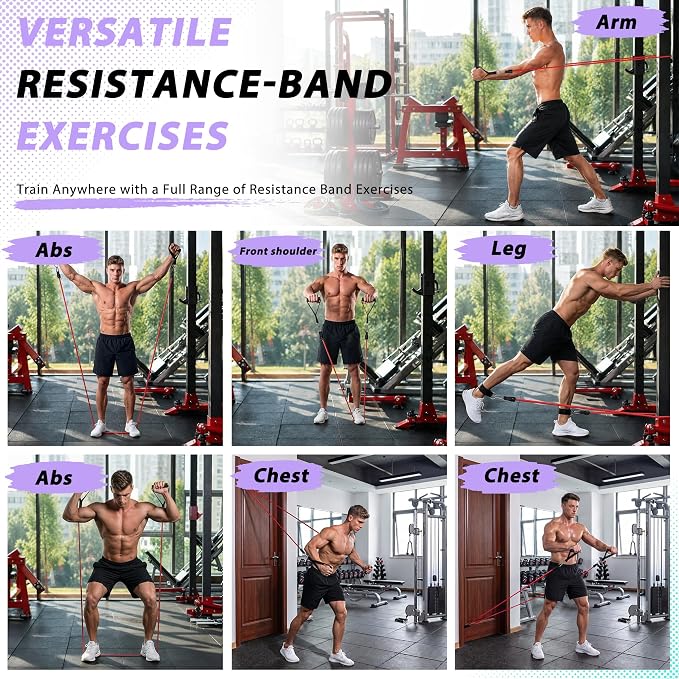 WHATAFIT Resistance Bands with Handles, 5-Level Exercise Bands for Workout | Natural latex,10-50 lbs, stackable to 150,Ankle Straps, Door Anchor,Guide. For Strength, Yoga,Home Gym,Travel & Workout.