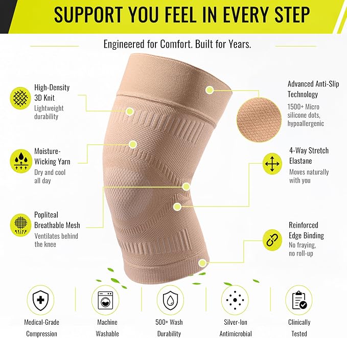 MGANG Knee Compression Sleeve, Knee Brace for Knee Pain Women Men, Non-Slip Compression Knee Brace for Arthritis Meniscus Tear Running Weightlifting, Breathable Knee Support Brace, Beige X-Large