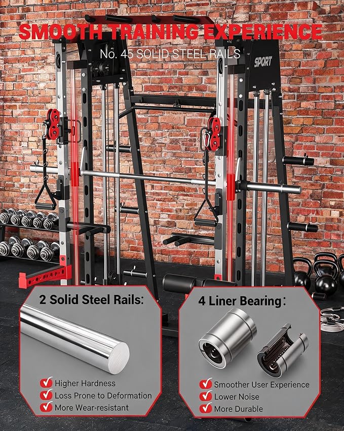 Garvee Smith Machine Home Gym, 2200LBS Power Cage Squat Rack with Smith Bar | With Cable Crossover, LAT Pull-Down & Leg Hold-Down - Multi-Functional Strength Training Equipment for Home, Red