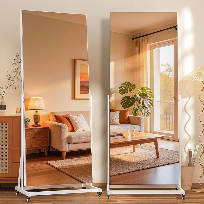 Full Length Rolling Mirror on Wheels, 71" x 24" Home Gym Mirrors with 360° Rotation, Standing Holder, Tempered Glass & Metal Frame, Use for Bedroom, Dance Studio, Fitness