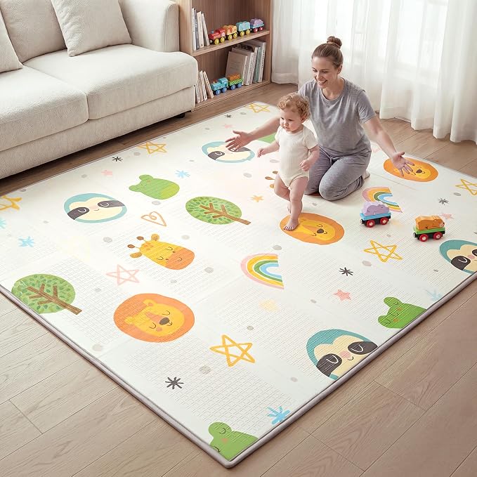 Baby Play Mat – Foldable 78"x51" XPE Foam Baby Floor Play Mat with Fabric Surface, Double-Sided Cute Print, Soft Non-Slip Tummy Time, Play Mat for Babies 0-12 Months, Nursery, Playroom, Living Room