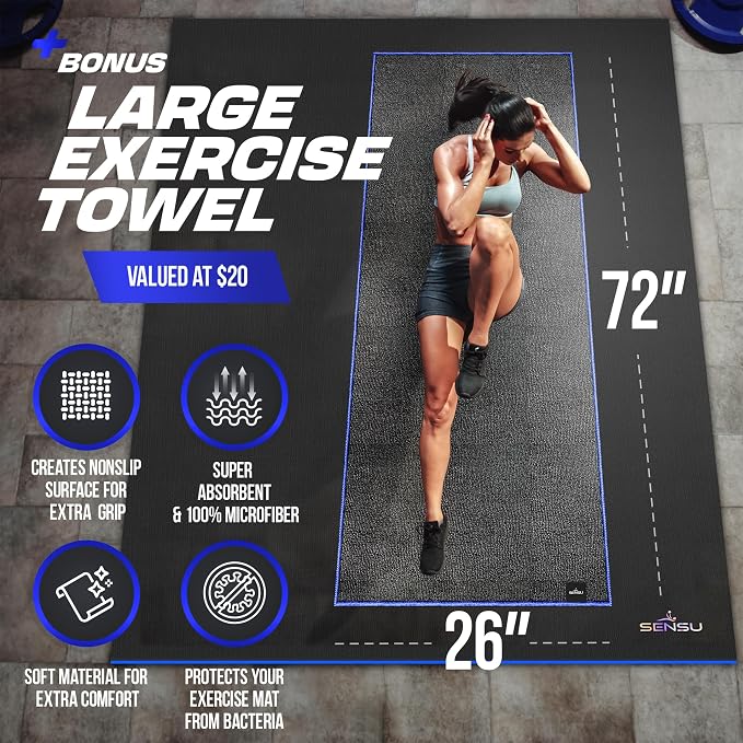 Sensu Large Exercise Mat – Extra Thick Non-Slip Workout Mat for Home Gym, Durable Shoe-Friendly Fitness Mat for Strength Training, Stretching, Cardio, and Balance Workouts (Multiple Sizes)