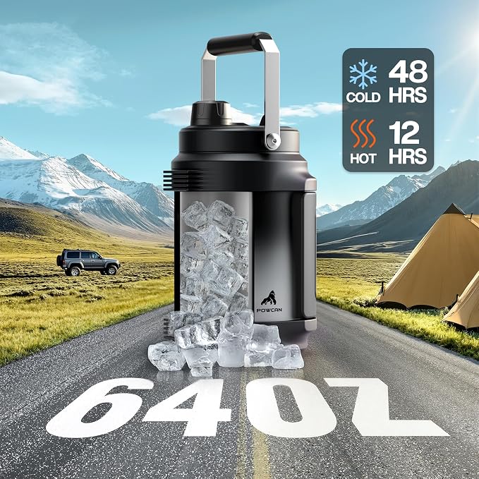 POWCAN 64 oz Insulated Water Bottle, 2-in-1 Straw Spout Lid, Dual Handle, Leakproof, Keep Cold 48H, Half Gallon Stainless Steel Water Jug for Daily, Hydration, Picnic, Travel, Gym, Workout (Obsidian)