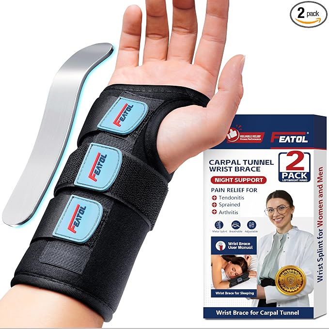 FEATOL Carpal Tunnel Wrist Brace Night Support 2 Pack - Wrist Splint for Pain Relief Tendonitis, Sprained, Arthritis - Metal Splint Stabilizer With Hand Brace -FOR Sleeping Women Men -Right&Left(S/M)