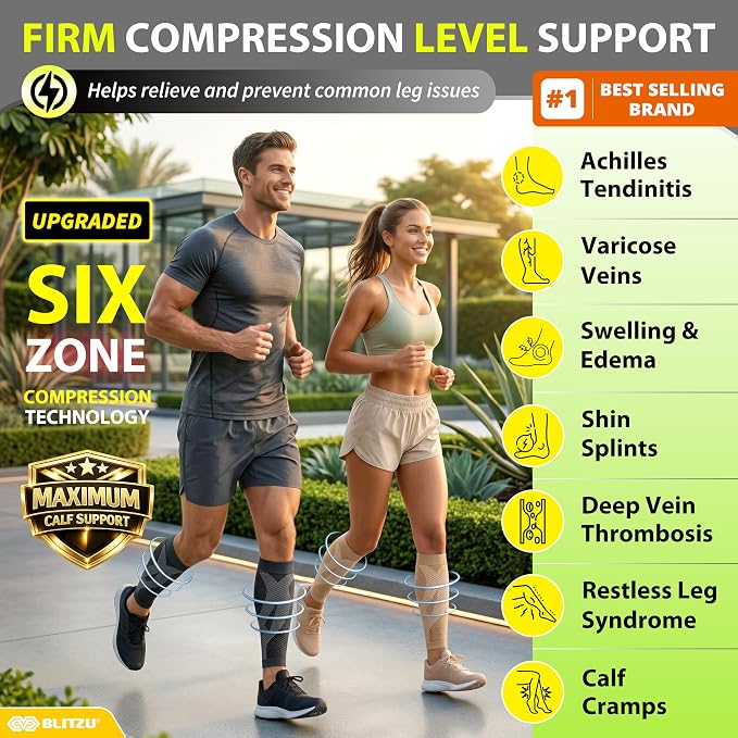 BLITZU Calf Compression Sleeves, Footless Compression Socks for Men & Women | Leg Support Brace, Shin Splint Pain Relief, Reduce Varicose Vein Swelling, Muscle Recovery, Running, Nursing, Fitness, Travel