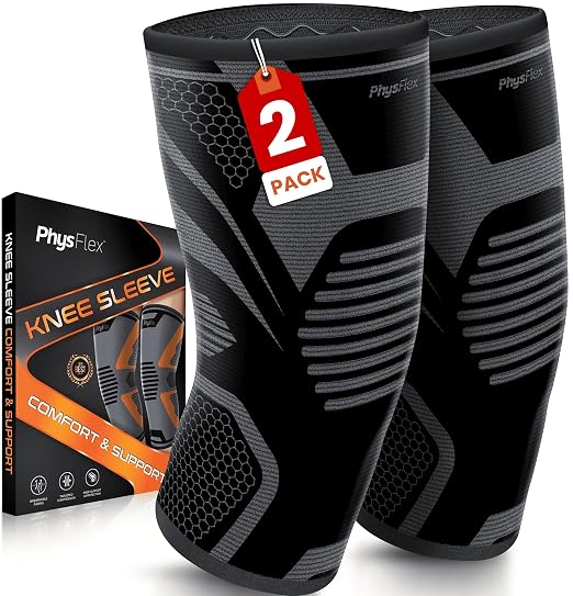 PhysFlex Knee Brace for Pain Relief - Knee Compression Sleeves for Men and Women - Support for Weightlifting, Gym, Workout, Volleyball, Arthritis (L, Black)