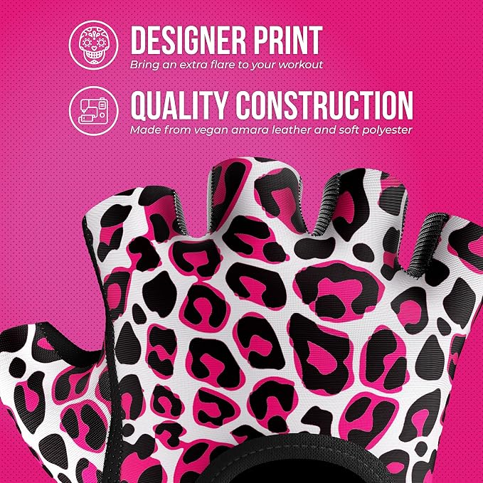 Contraband Pink Label 5297 Womens Design Series Leopard Print Lifting & Rowing Gloves (Pair) - Lightweight Vegan Medium Padded Microfiber Amara Leather w/Griplock Silicone