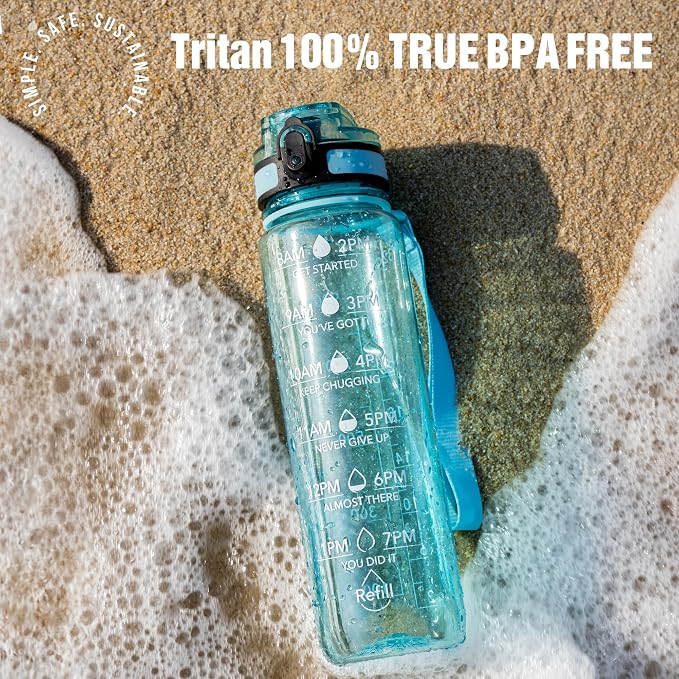 OLDLEY Water Bottle, 32oz Motivational Sports Water Bottle with Time Marker - Times to Drink - Tritan, BPA Free, Wide Mouth Leakproof,Surfer