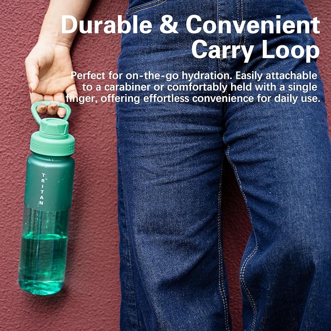 OLDLEY 32oz Water Bottle with Handle, BPA-Free Tritan Reusable Sports Water Bottle with Leak-Proof Dust Lid, Wide Mouth, Cup Holder Friendly, Half Frosted Clear Bottle for Gym,Travel,Work,Mint Green