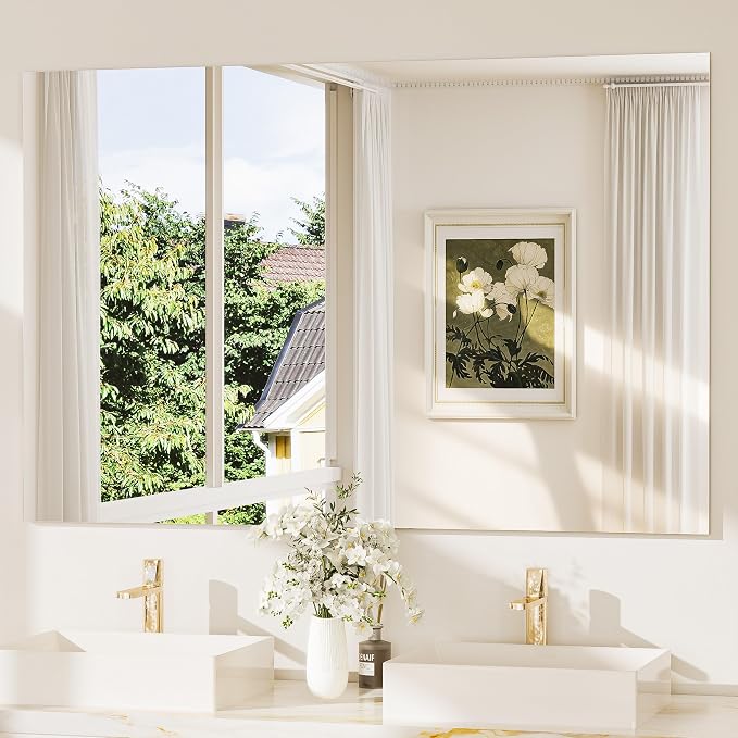 55x36 Frameless Bathroom Vanity Mirrors for Over Sink, Modern Rectangle Bathroom Mirrors for Wall with Polished Edge Shatterproof Decorative Mirror for Bedroom, Living Room, Entryway