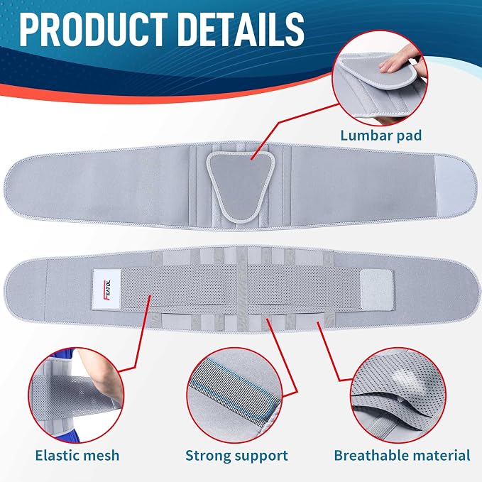 FEATOL Back Brace for Lower Back Pain, Breathable Back Support Belt for Women & Men with Lumbar Pad, Lumbar Support Belt for Heavy Lifting & Work, Gray, S/M(Circumference:24.4-30")